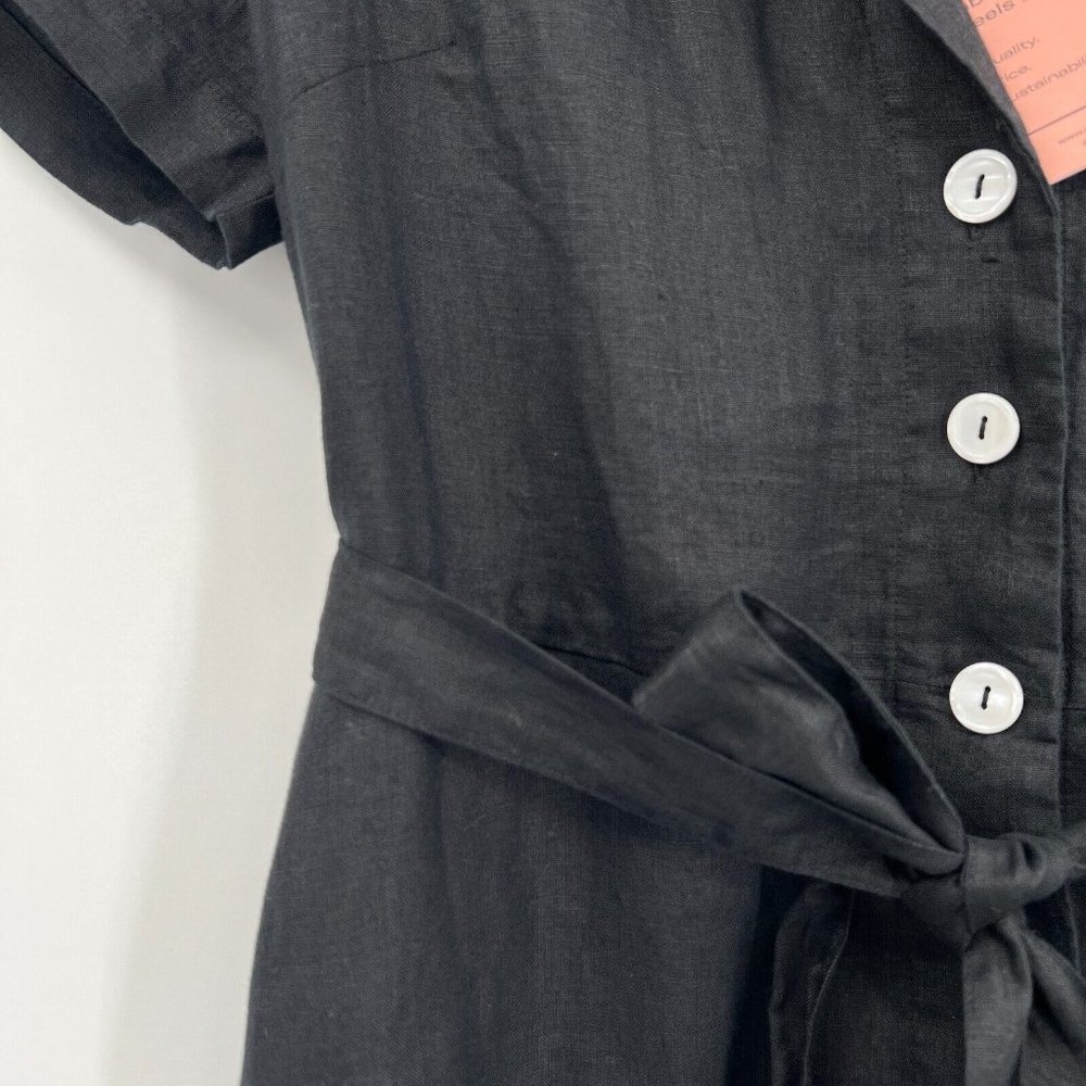 Quince Women's Black Linen Button Front Dress sz M Midi A-Line Belt Short Sleeve - Picture 4 of 9